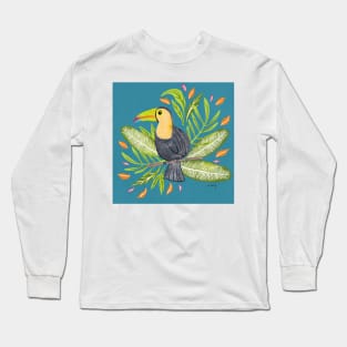 Toucan in Tropical Foliage in Teal | Summer | Island Paradise Long Sleeve T-Shirt